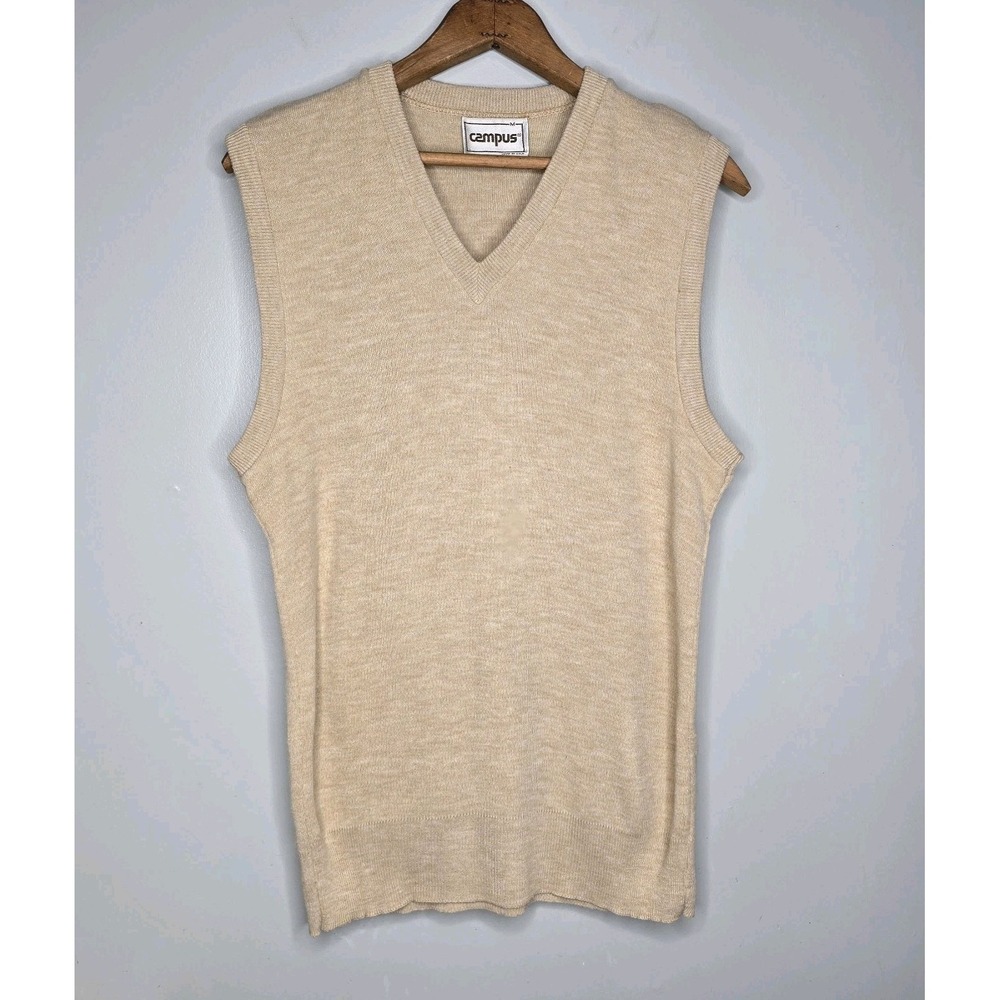 Vintage Campus Sweater Vest Mens Orlon Cream Beige V Neck Pullover 70s Style Med